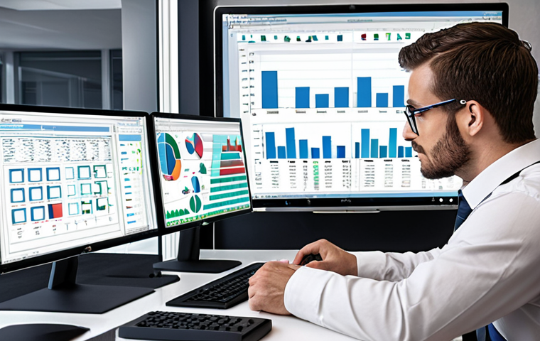 **Data Scientist at Work:** A busy data scientist in a modern office setting, analyzing complex charts and graphs on multiple monitors. Emphasize the use of popular tools like Python and a cloud-based platform. The scene should convey both the challenge and excitement of big data analysis.
