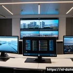 Home 20 빅데이터 분석 프레임워크 구현 사례 연구 - A modern big data control room in a sleek Amsterdam office, featuring large digital screens displayi...