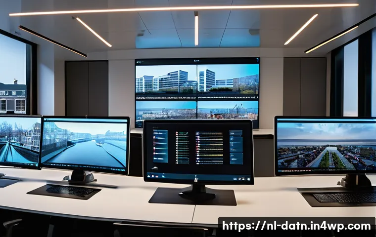 빅데이터 분석 프레임워크 구현 사례 연구 - A modern big data control room in a sleek Amsterdam office, featuring large digital screens displayi...