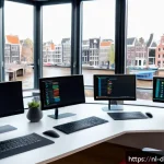Home 23 최신 빅데이터 분석 기법과 프레임워크 - A modern Dutch data analyst workspace featuring multiple high-resolution monitors displaying colorfu...