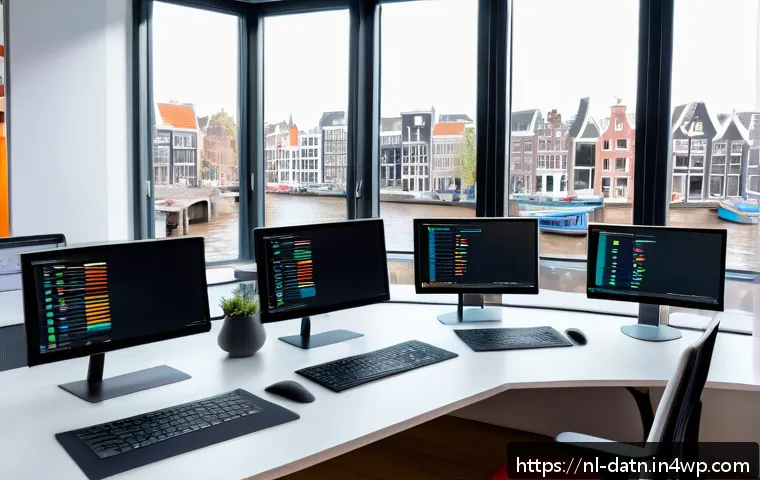 최신 빅데이터 분석 기법과 프레임워크 - A modern Dutch data analyst workspace featuring multiple high-resolution monitors displaying colorfu...