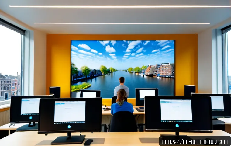 클라우드 솔루션에서의 빅데이터 처리 - Photorealistic modern Amsterdam office, diverse Dutch data professionals reviewing big data processi...